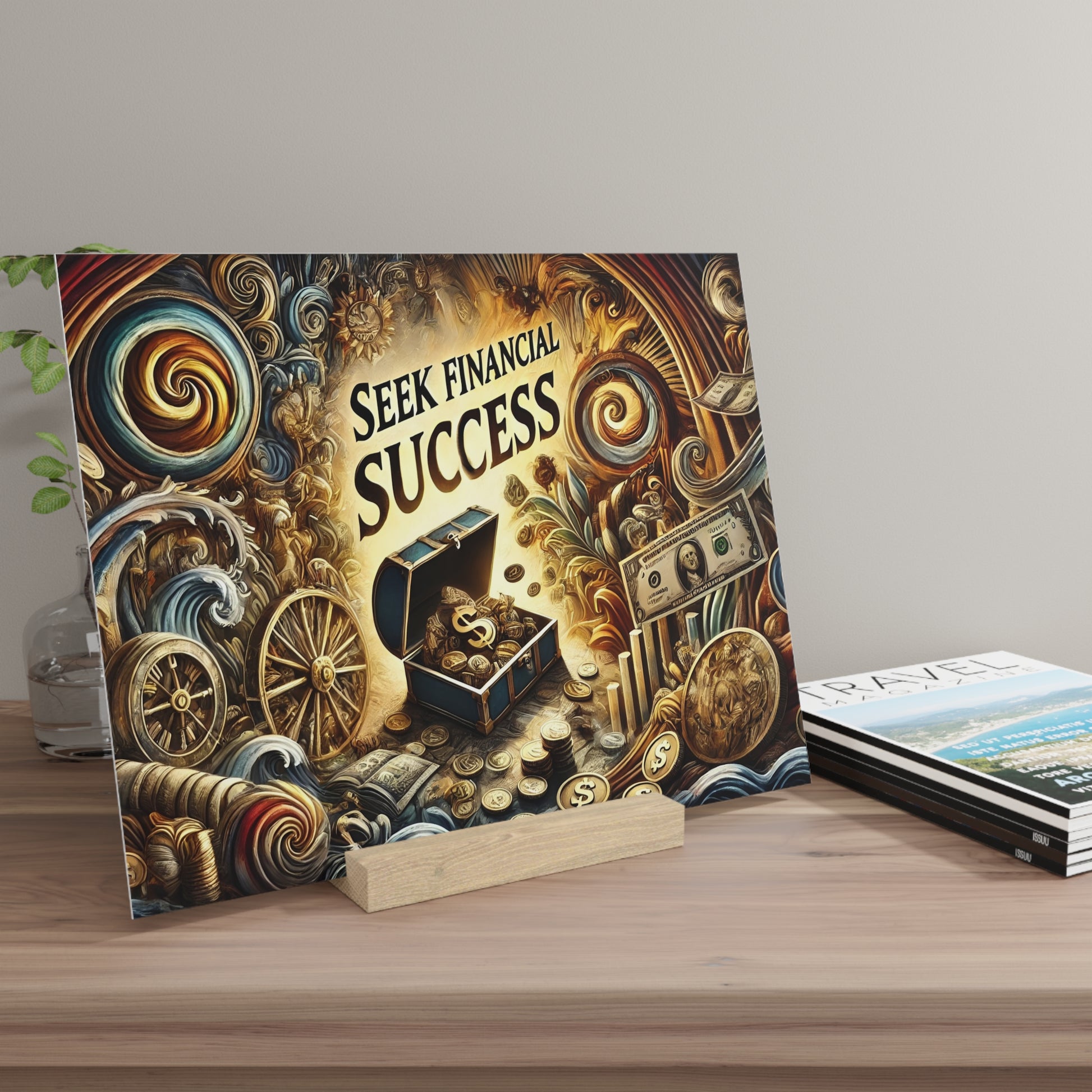 Vibrant poster on a wooden easel showing a treasure chest spilling coins and cash, with the words 'SEEK FINANCIAL SUCCESS'.