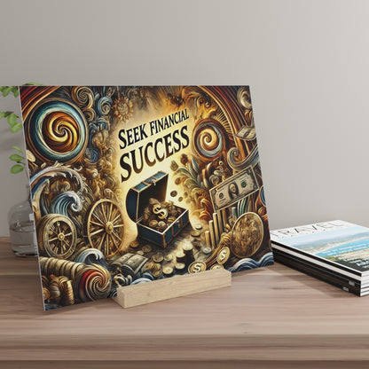 Vibrant poster on a wooden easel showing a treasure chest spilling coins and cash, with the words 'SEEK FINANCIAL SUCCESS'.
