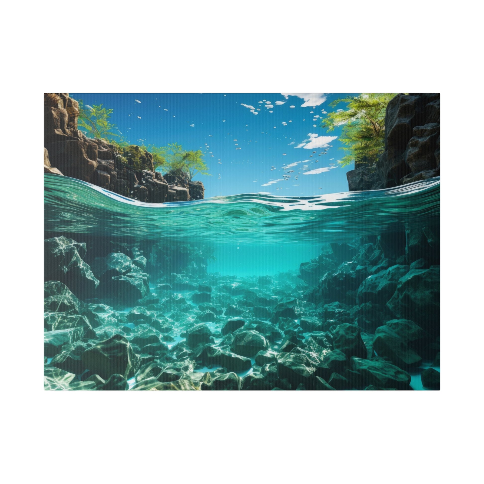 Underwater view of a rocky turquoise canyon with sunlight filtering through clear water to a rocky seabed.