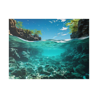 Underwater view of a rocky turquoise canyon with sunlight filtering through clear water to a rocky seabed.