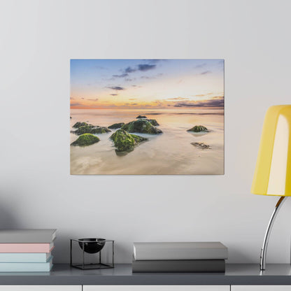 A framed canvas print of a tranquil beach scene with mossy rocks in shallow water at sunset.