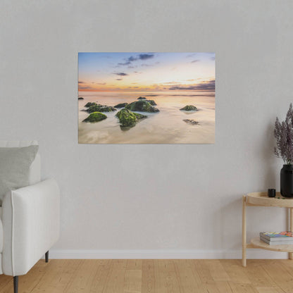 Wall-mounted canvas showing a sunset over calm water with mossy rocks in the foreground.