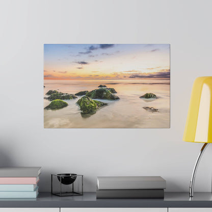 Painting of a sunset over a calm beach with moss-covered rocks in shallow water.