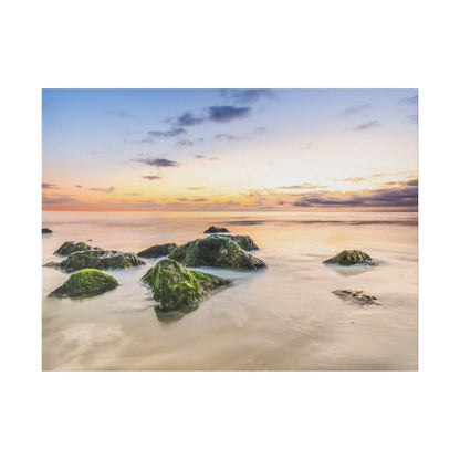 Several moss-covered rocks sit in shallow, calm water at sunset with a gradient orange-to-blue sky.