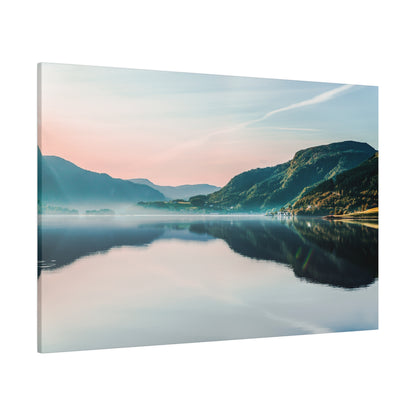 Canvas wall art showing a calm lakeside scene with green mountains, pink and blue sunrise, and a mirrored reflection in the water.