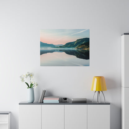 Framed landscape photograph of a calm lake reflecting mountains at sunrise, hung above a white cabinet.