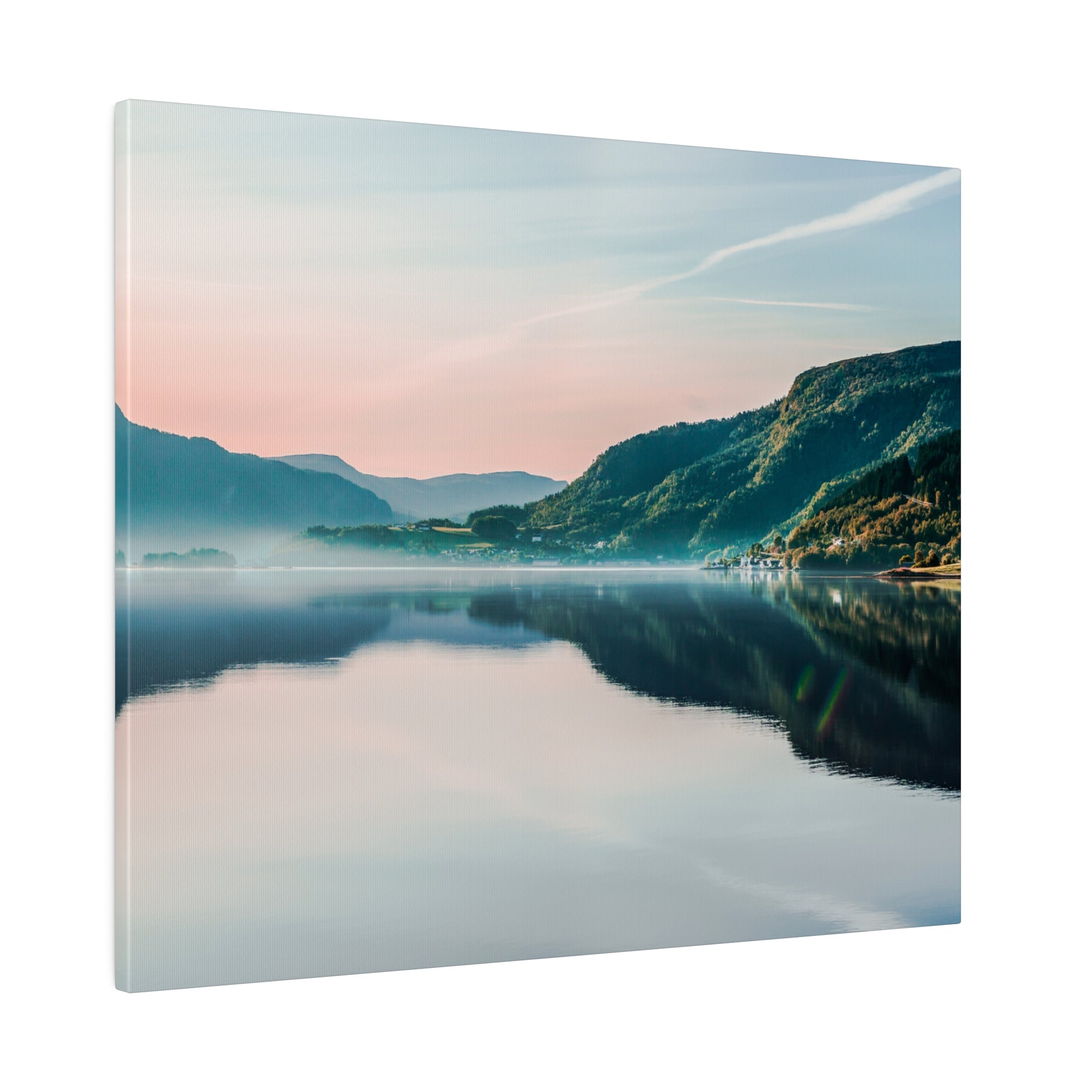 Landscape canvas print of a calm lake reflecting green hills and a pastel pink‑blue sky.