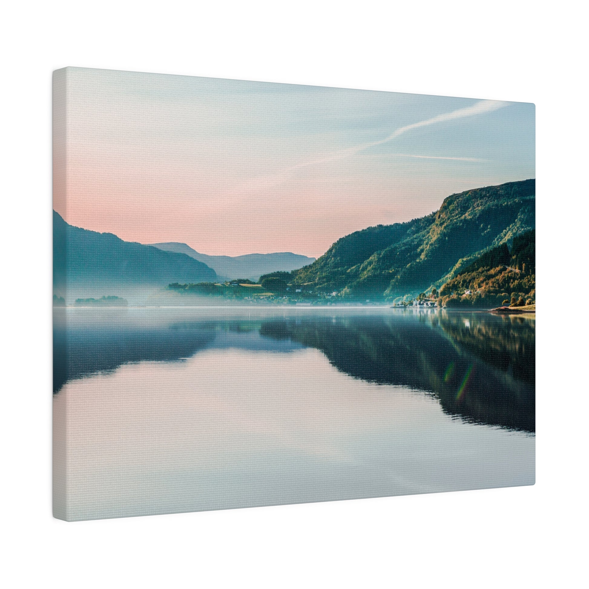 Landscape print of a tranquil lake with green mountains reflected in the calm water under a pastel sky.