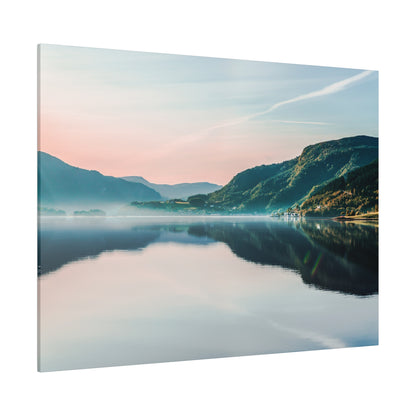 Canvas wall art depicting a tranquil lake with green mountains, pastel pink and blue sky, and their reflection on the water.