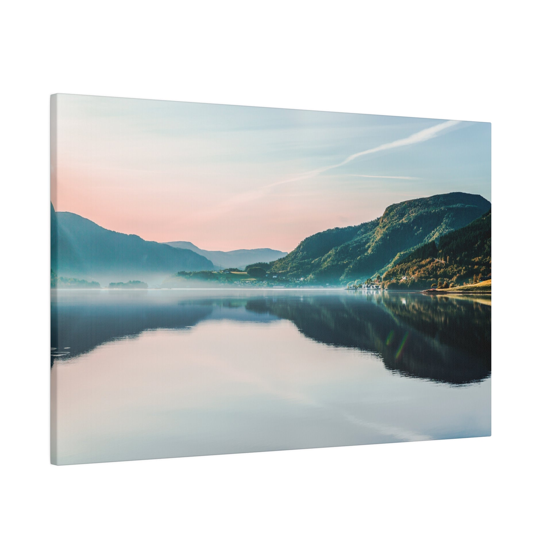 Canvas print of a tranquil lake with mountains and a pastel sky, reflecting on the water.