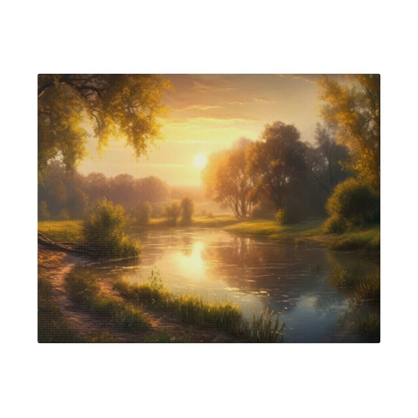 A serene evening nature view of a river reflecting the golden sunset, surrounded by lush greenery. The tranquil atmosphere creates a peaceful setting ideal for relaxation and enjoying the natural beauty of the scene.