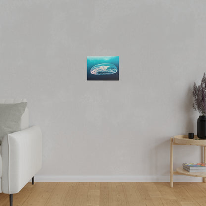 Small rectangular wall art showing a blue jellyfish against a dark blue gradient background, hung on a light gray wall above a white sofa.