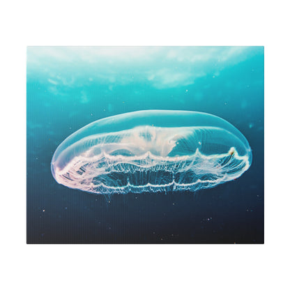 Translucent jellyfish with delicate tentacles, floating in blue ocean water.