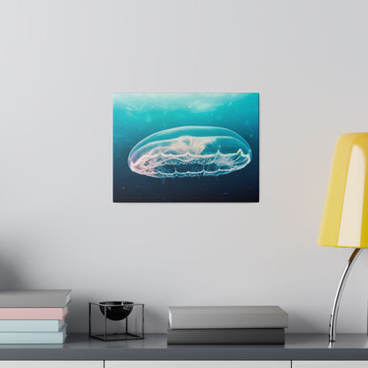 Canvas wall art showing a translucent jellyfish in turquoise water.