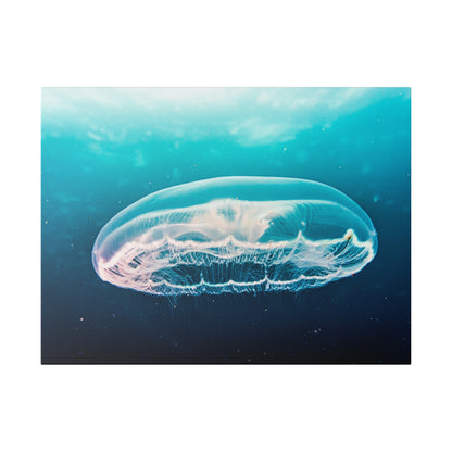 A translucent jellyfish with trailing tentacles floats in clear blue ocean water.