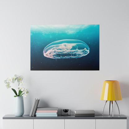 Blue-toned wall art displaying a translucent jellyfish drifting in dark-to-light blue water.