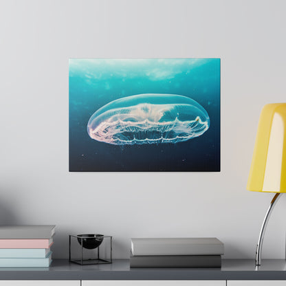 Canvas wall art showing a translucent jellyfish floating in turquoise water.