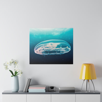 Square wall art depicting a translucent jellyfish in blue ocean water, mounted above a sideboard.