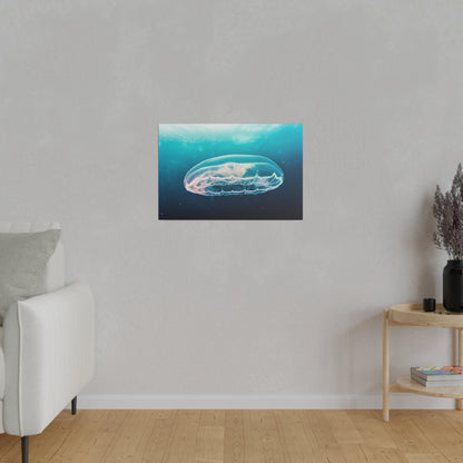 Rectangular wall art depicting a translucent jellyfish swimming in blue water, mounted on a light gray wall above a wooden floor.