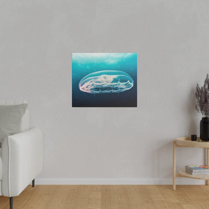 Square wall art showing a translucent blue jellyfish underwater, mounted on a light gray textured wall.