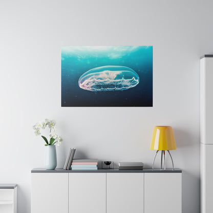 Underwater jellyfish canvas hangs above a white sideboard with a yellow lamp, books, and a vase of white flowers.