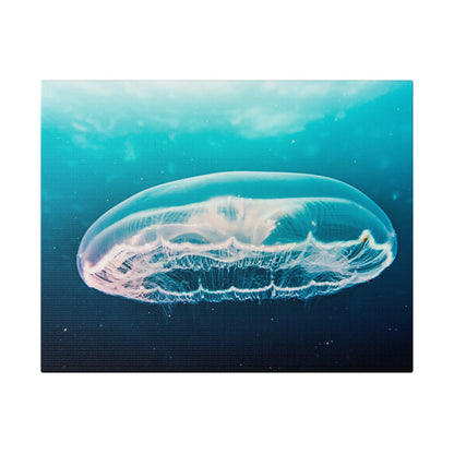 A translucent jellyfish with a rounded bell and wispy tentacles floats in blue ocean water.