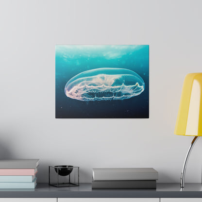 Square wall art of a translucent jellyfish floating in blue-green ocean, mounted on a grey wall.