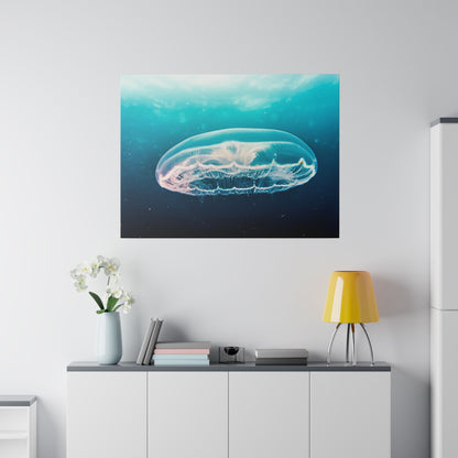Large wall art depicting a translucent jellyfish floating in blue ocean water above a white cabinet.
