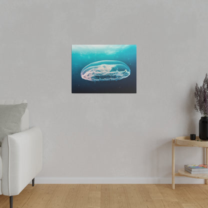 Framed blue underwater jellyfish print hangs on a light gray wall above a wooden floor.
