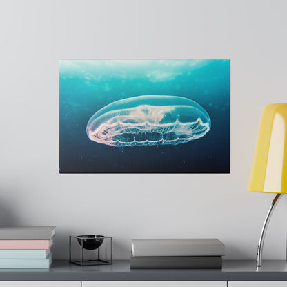 Blue-green underwater poster featuring a translucent jellyfish with long tentacles.