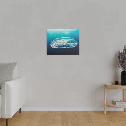 Small square wall art featuring a blue jellyfish underwater, mounted on a light gray wall.