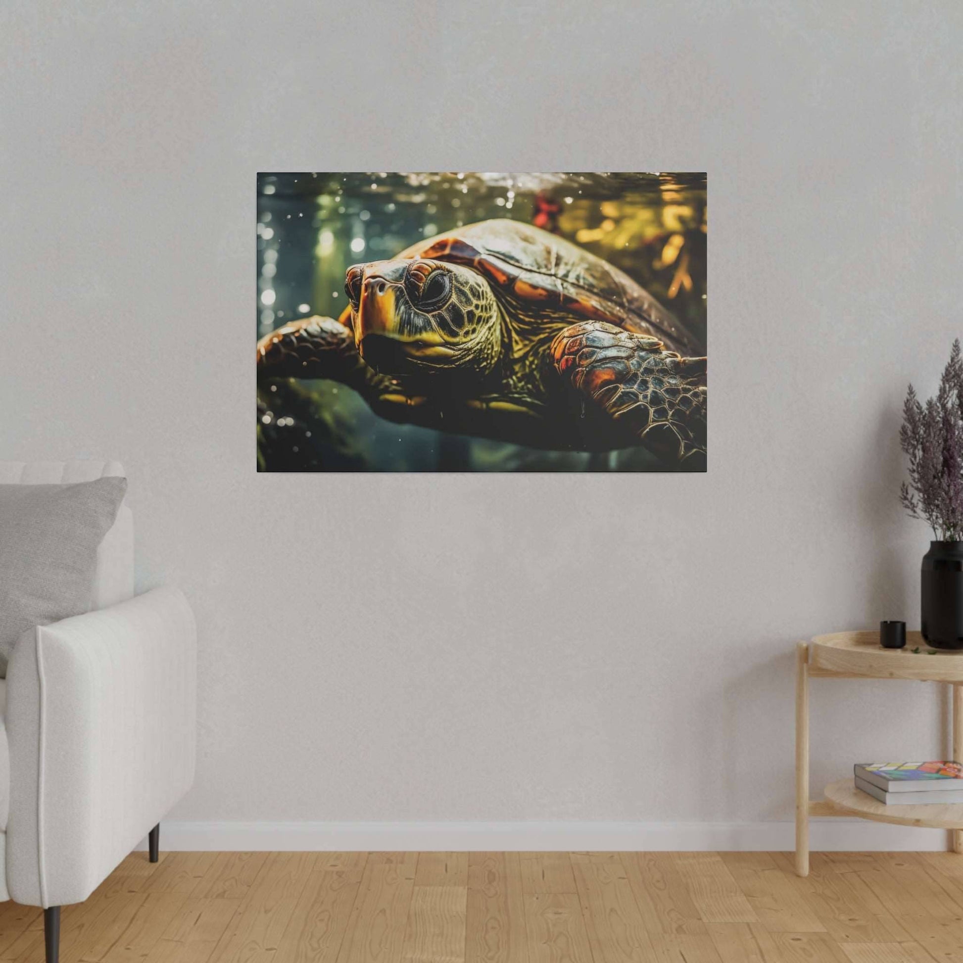 Close-up canvas print of a sea turtle underwater, showing its detailed brown shell and front flippers against dark green water.