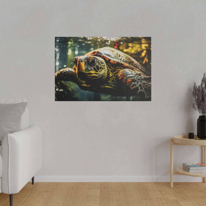 Close-up canvas print of a sea turtle underwater, showing its detailed brown shell and front flippers against dark green water.