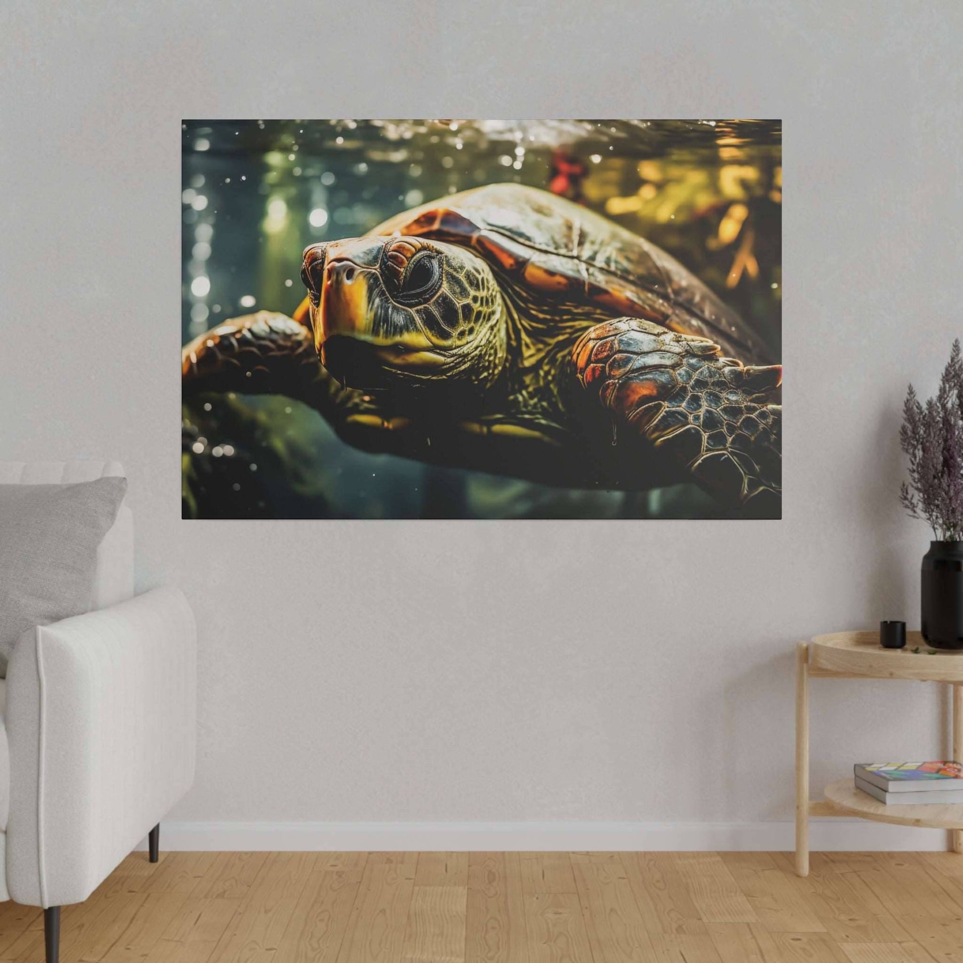 Close-up of a sea turtle underwater, showing a detailed shell and flippers on a canvas wall print.