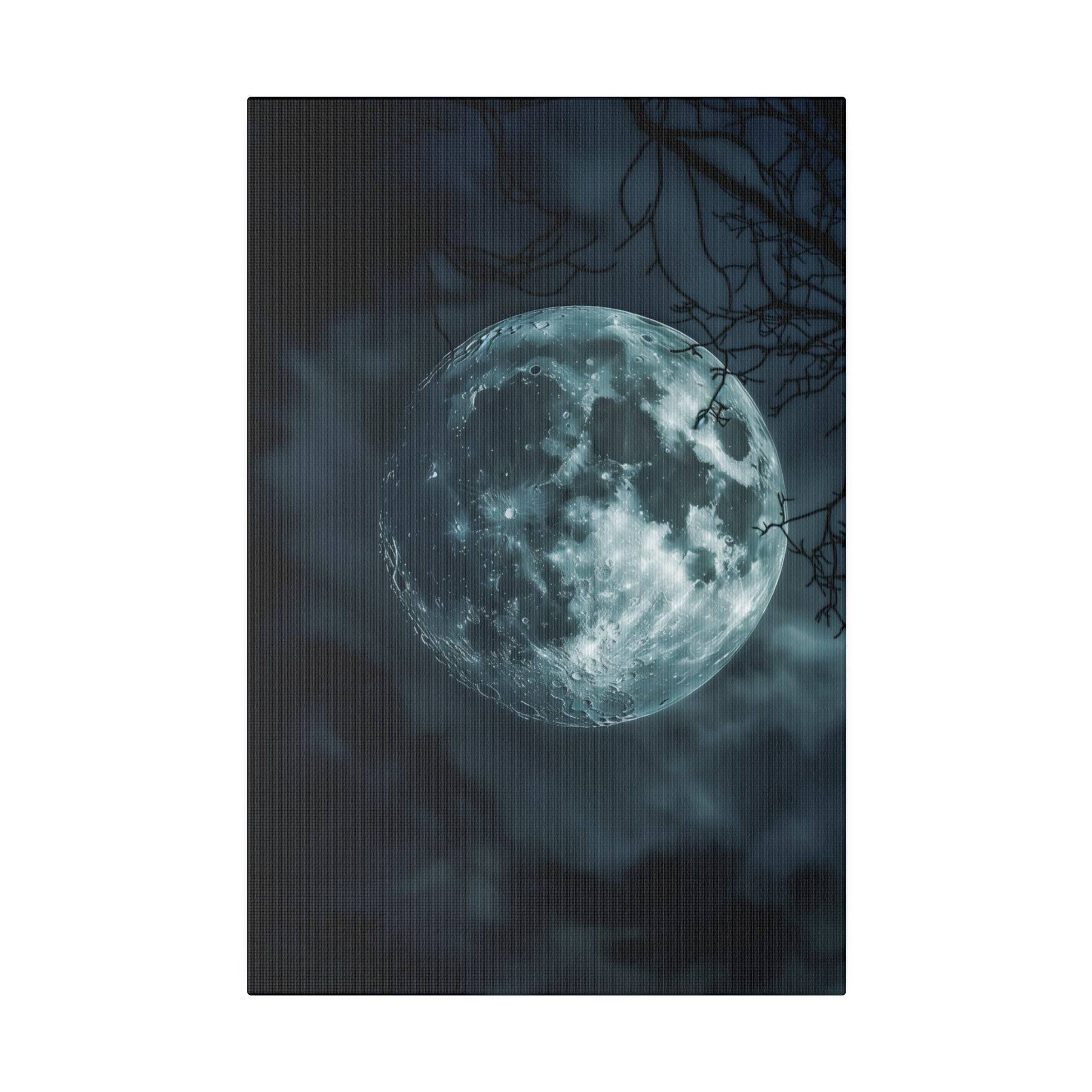 Night scene with a large, pale blue moon glowing among dark clouds and bare tree branches.