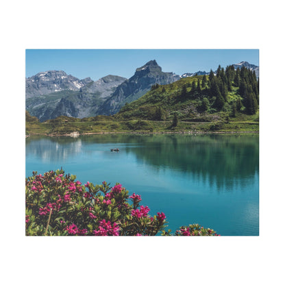 Turquoise lake with pink flowers in the foreground, evergreen trees on a hillside, and snow-capped mountains in the distance.