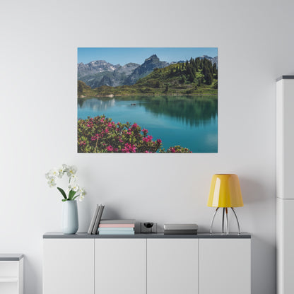 Alpine landscape photo: turquoise lake, green hills, snow-capped mountains, and pink flowers in the foreground.