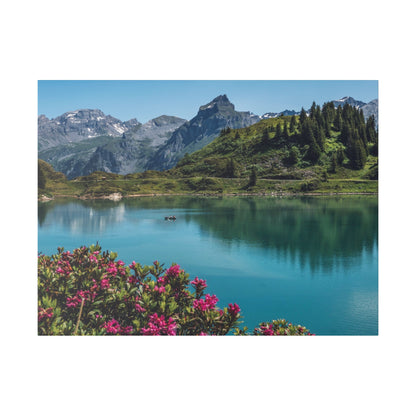 Turquoise alpine lake with pink flowers in foreground, green hillside, and snowy mountains under a clear blue sky.