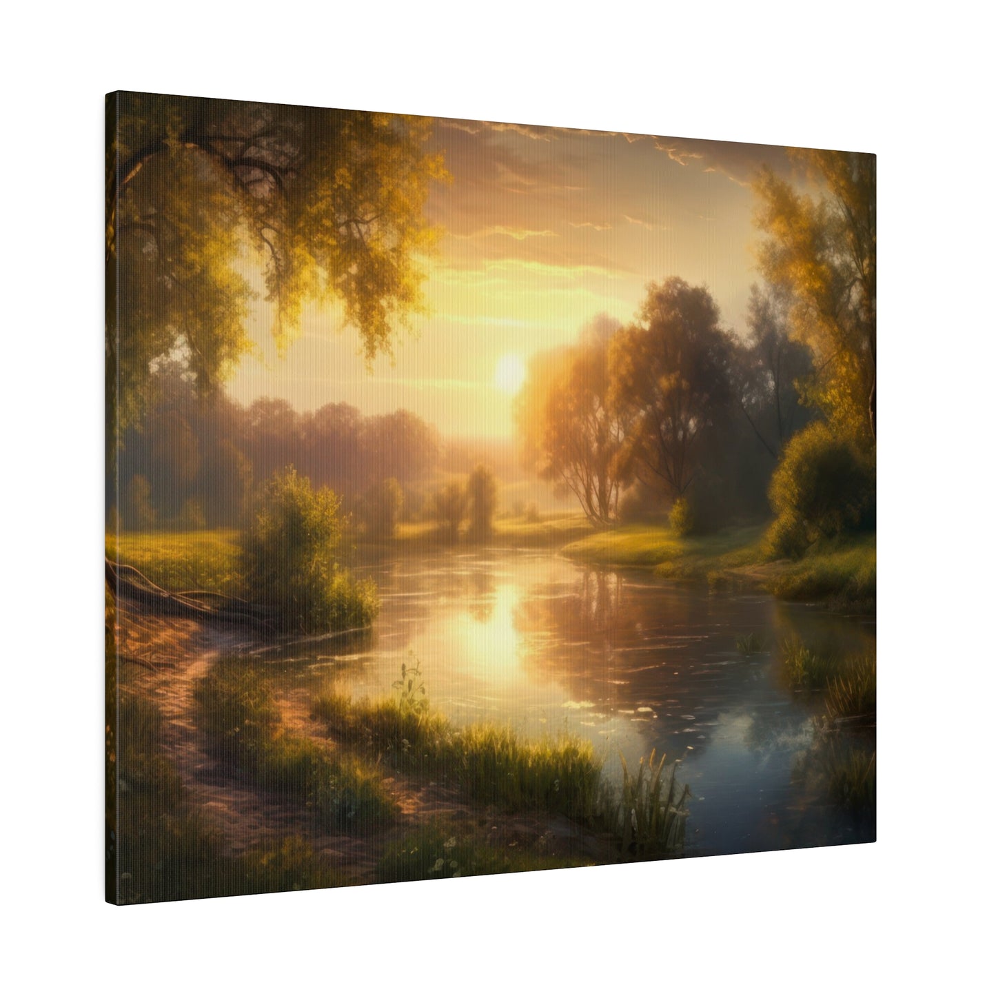 A serene river at sunset with golden light reflecting off the water, surrounded by lush trees and a tranquil landscape. The warm glow creates a peaceful atmosphere.