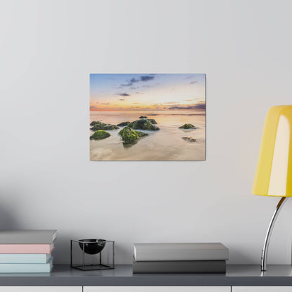 Canvas print depicting a sunset over a calm sea with moss-covered rocks in the foreground.