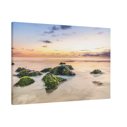 Photo of a beach at sunset with several moss-covered rocks partially submerged in calm, reflective water.