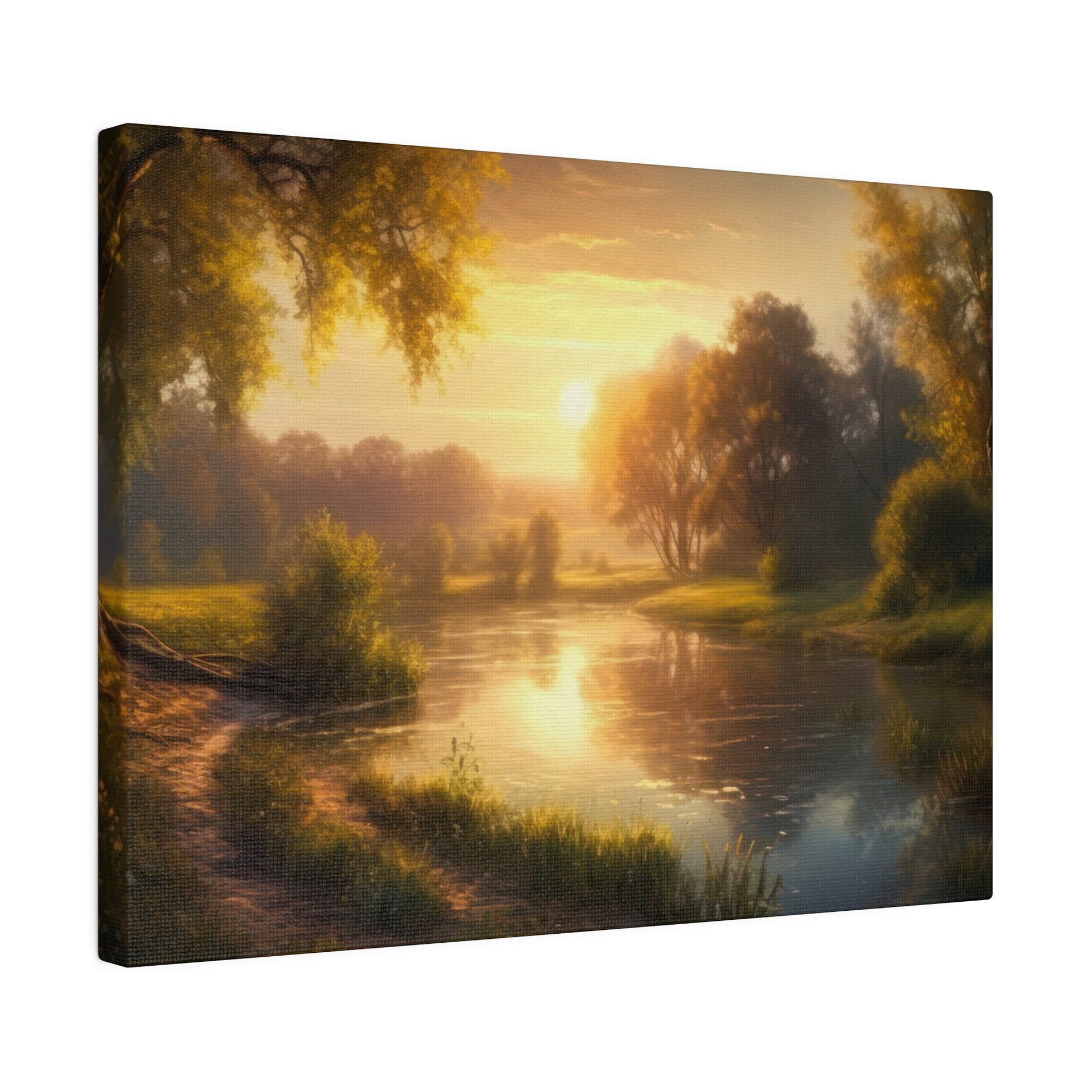 A serene sunset with golden light reflecting on a river, surrounded by lush greenery. The warm glow creates a peaceful and tranquil setting.