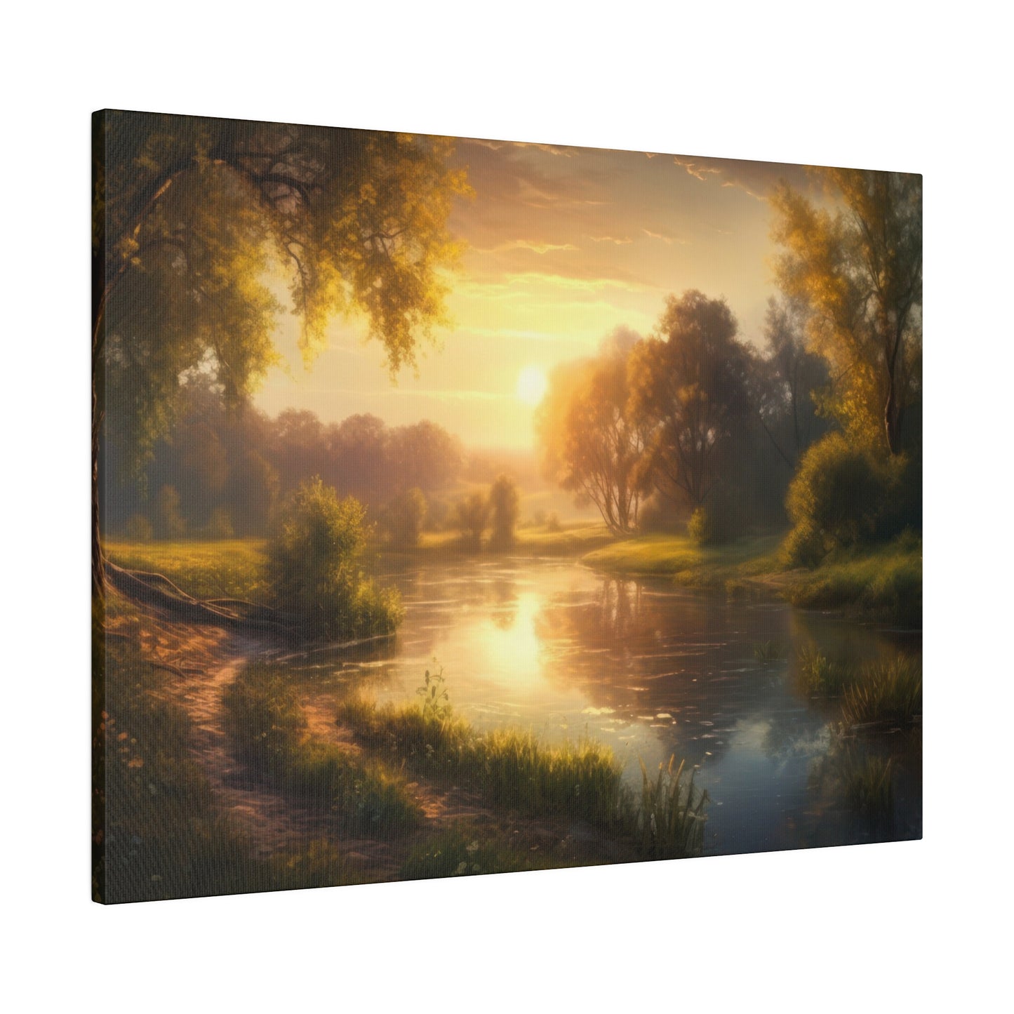 A serene sunset view with a river reflecting the golden light, surrounded by lush trees. The peaceful landscape is bathed in warm, tranquil light.