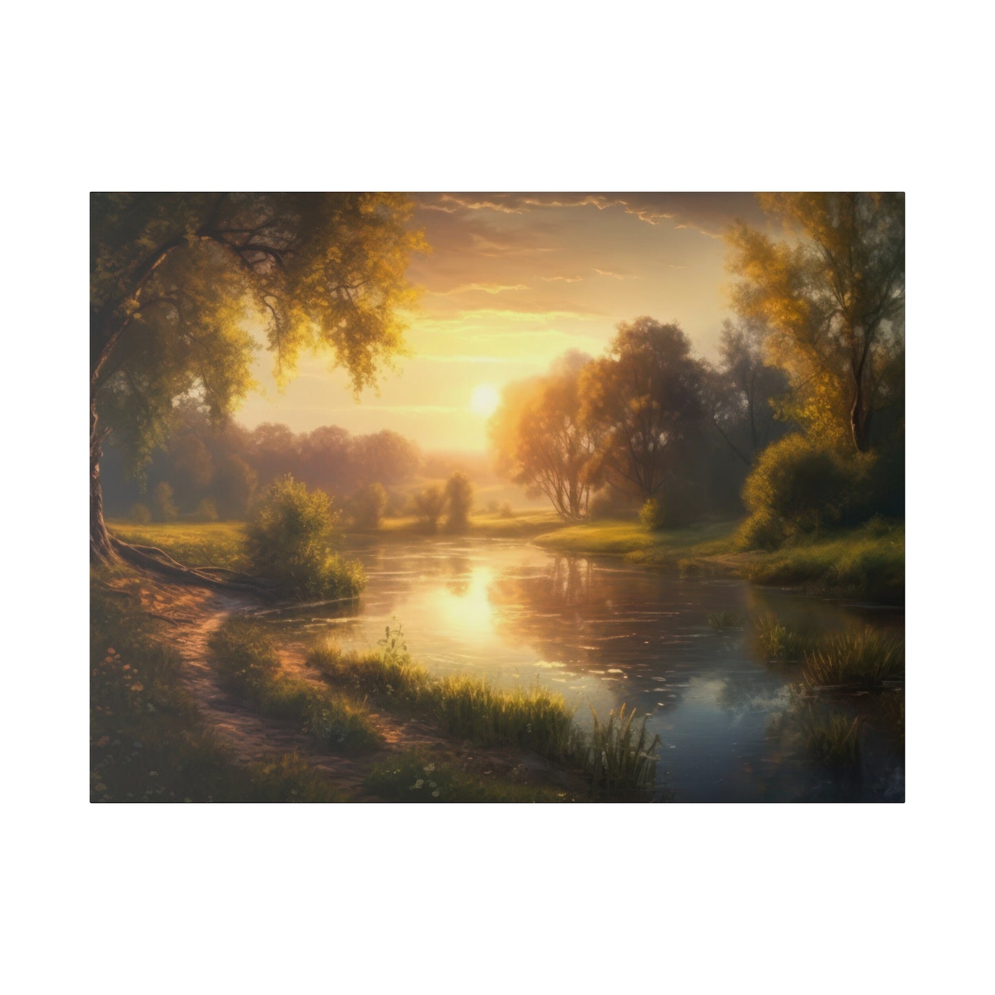 A serene sunset water reflection scene with golden hues dancing on the river, surrounded by lush trees. The tranquil setting provides a peaceful and picturesque view, ideal for unwinding and enjoying nature.