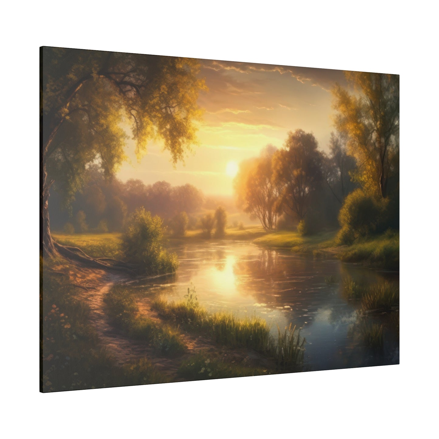 A serene river at sunset with golden light reflecting off the water, surrounded by lush trees. The warm glow creates a peaceful and tranquil atmosphere.