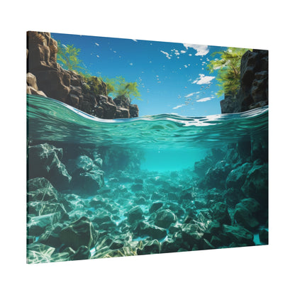 Underwater view of turquoise water with a rocky seabed below and a rocky shoreline with trees above.