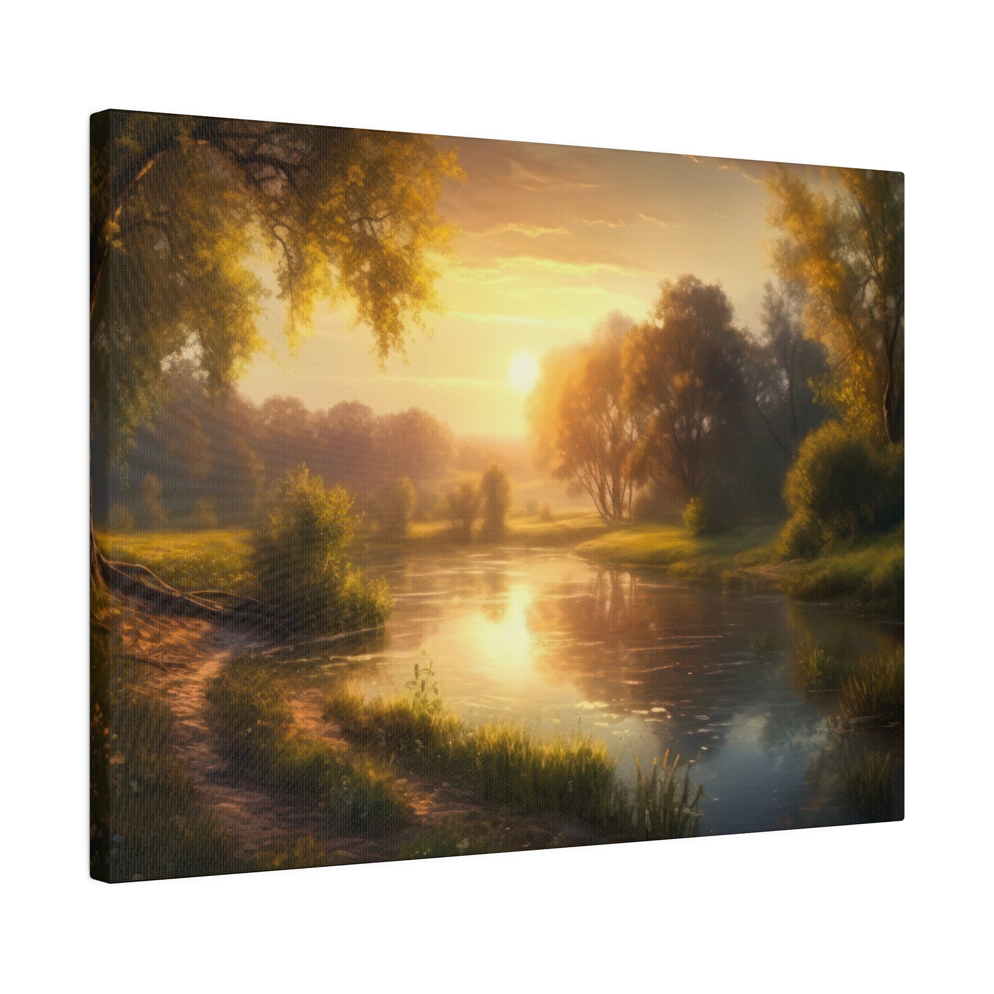 A serene river at sunset, with warm golden light reflecting off the water. The lush trees surrounding the river enhance the tranquil and peaceful setting.