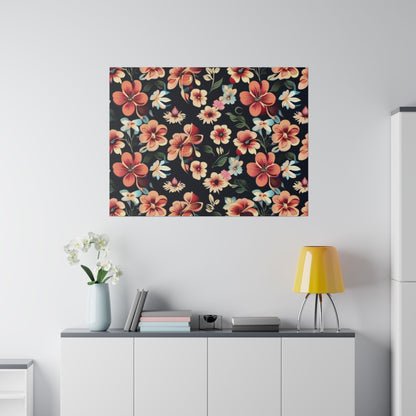 Floral-patterned wall art with red, orange, pink, and white flowers on a dark background, mounted above a white cabinet.