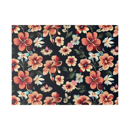 Dark navy fabric with a dense pattern of pink, coral, cream, and blue hibiscus and tropical flowers.