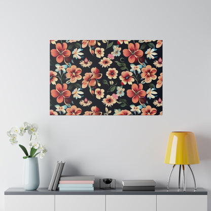 Floral print with colorful flowers on a dark background, mounted on a wall above a cabinet with a yellow lamp.